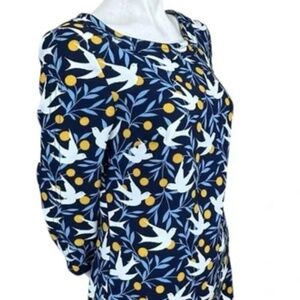 Boden Alda Navy Blue Yellow White Leaf Bird Floral Print Shift Dress US 10R